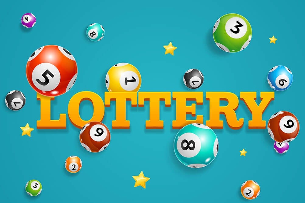 A graphic design featuring the word "LOTTERY" in bold orange letters surrounded by floating lottery balls. Each ball has a number on it and is in different colors such as red, blue, green, and black against a teal background with small stars.